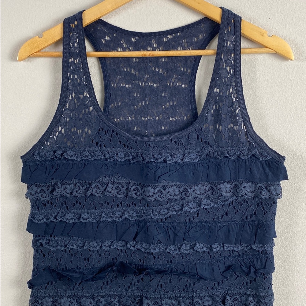 Abercrombie & Fitch Floral Lace Ruffle Layer Tank Top | Semi Sheer, Lined | Navy - Picture 3 of 16